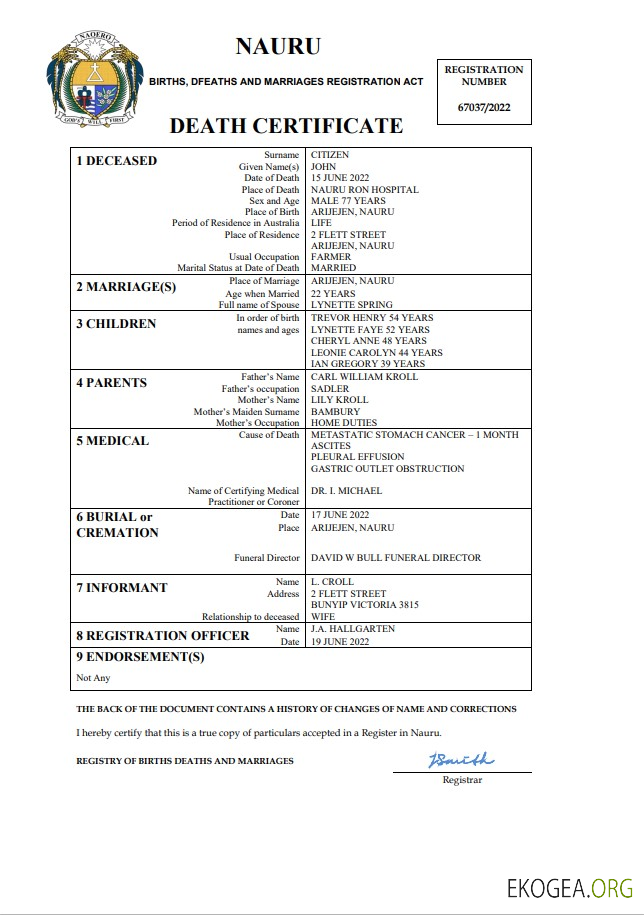 Modèle Word et PDF de certificat de décès de Nauru
